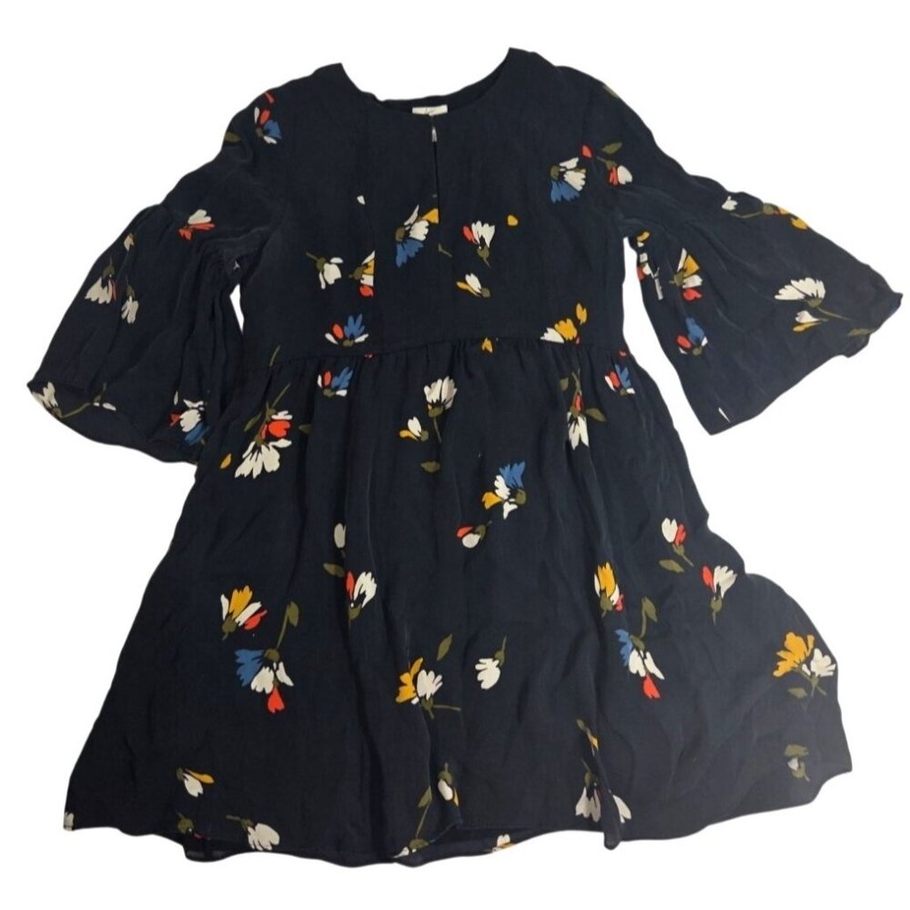 Joie Avari Silk Navy Floral Bell Sleeve Keyhole Mini Dress Sz M Career View 4